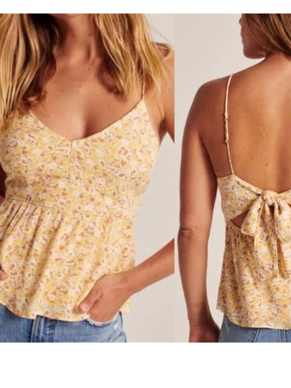Abercrombie & Fitch Yellow Floral Babydoll Tie Top Small